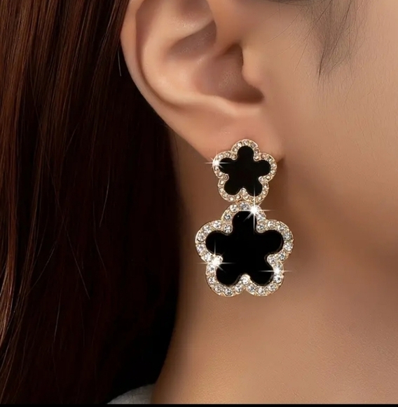 Double Flower Design Inlaid Rhinestones Drop Earrings 18k Gold plated - Picture 1 of 6